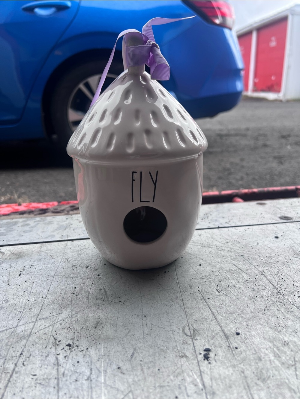 Rae Dunn White Ceramic 'FLY' Birdhouse with Lavender Ribbon